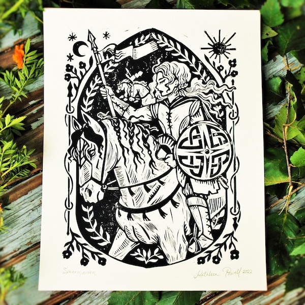 Spear Maiden Block Print - Artist Print - Lady Knight - Knightcore - Medieval Renaissance Illustration