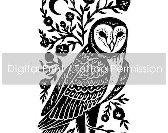 Digital Download - Digital File Only - "Owl Blossom" Print / Tattoo Permission (This is not a Physical Item, Digital File Only)