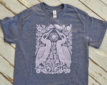 Rustic Two Herons Block Printed Shirt - Heather Navy Gildan Unisex Shirt - Boho Hippie Apparel - Folk Art Shirt - Heron Flower Shirt