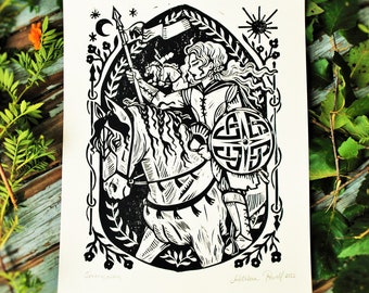 Spear Maiden Block Print - Artist Print - Lady Knight - Knightcore - Medieval Renaissance Illustration