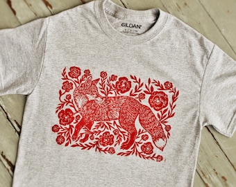 Red "FoxFlower" Block-Printed Gray T-shirt - Linocut Print - Folksy Apparel - Bohemian - Woodland - Folk Art - Made to Order