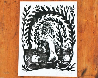 Selkie Skin Linocut Print - Block Print - Celtic Folklore Art - Selkie Art Print - Folk Art - Sea Lover Wall Art Gift