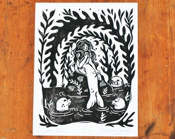 Selkie Skin Linocut Print - Block Print - Celtic Folklore Art - Selkie Art Print - Folk Art - Sea Art