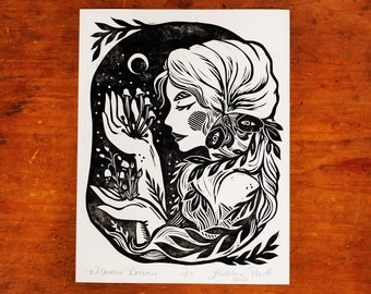 Wildwood Dreamer Linocut Print - Block Print - Fairytale Art - Fantasy - Storybook - Woodland Nymph - Flora Fauna - Forest Lover