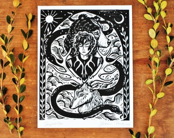 Shapeshifter Linocut Print - Block Print - Folklore Illustration - Therianthropy - Deer - Bear - Snake - Woodland Art - Fairytale