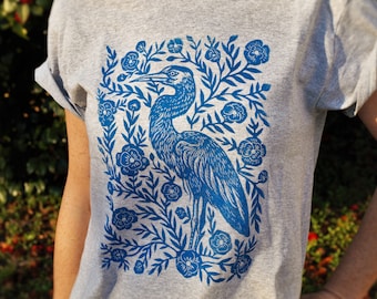 Heron Blossom Block Printed T-Shirt - Linocut Shirt - Floral Apparel - Bohemian & Hippie Tee - Southern - Folk Art - Blue Heron