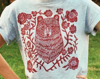 Red &quot;BearFlower&quot; T-shirt - Block Printed - Linocut Design - Hippie - Bohemian - Rustic Apparel - Hiking - Woodland Style Clothing