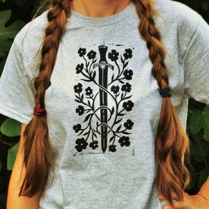Blade Blossom Block Printed Shirt - Gray Unisex Gildan T-Shirt - Medieval Renaissance Design - Sword Shirt