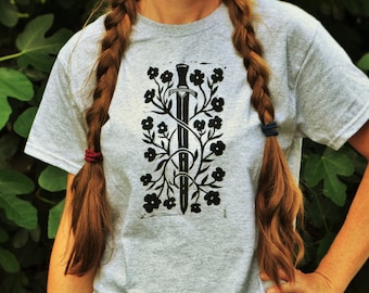 Blade Blossom Block Printed Shirt - Gray Unisex Gildan T-Shirt - Medieval Renaissance Design - Sword Shirt