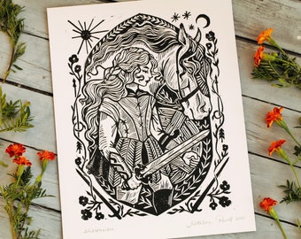 Shield Maiden Linocut Block Print - Medieval Art Print - Viking - Celtic Folklore - Battle Maiden - Gothic - Renaissance Art