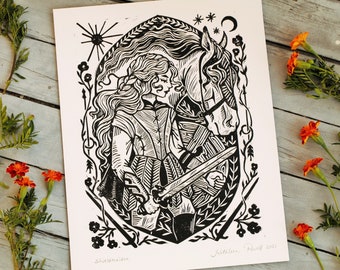 Shield Maiden Linocut Block Print - Medieval Art Print - Viking - Celtic Folklore - Battle Maiden - Gothic - Renaissance Knightcore Wall Art