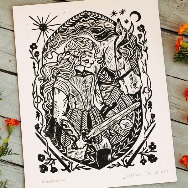 Schild Maiden Linoldruck - Mittelalter Kunstdruck - Wikinger - Keltische Folklore - Gothic - Renaissance Knightcore Wandkunst