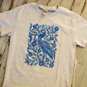 Heron Blossom Block Printed T-Shirt Linocut Shirt Floral Apparel Bohemian & Hippie Tee Southern Folk Art Blue Heron image 4