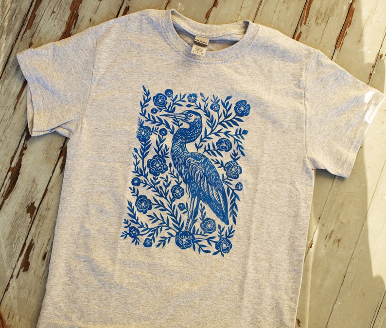 Heron Blossom Block Printed T-Shirt Linocut Shirt Floral Apparel Bohemian & Hippie Tee Southern Folk Art Blue Heron image 4