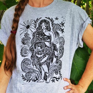Selkie Lore - Rustic Block-Printed Shirt - Gray Heather Gildan Unisex Shirt - Folk Art Apparel - Selkie T-Shirt - Folklore Shirt
