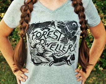 Forest Dweller T-Shirt - Block Printed - V-neck - Folk Art - Woodland Shirt - Rustic Tee