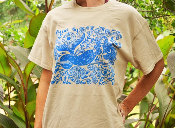 Mermaid Lore Shirt- Block Print Shirt - Gildan Unisex T-Shirt - Folk Art Apparel -Mermaid Shirt Gift- Boho Beach Lover Shirt - Folklore Gift