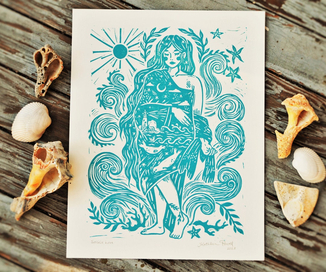 Selkie Lore Block Print Linocut Print Selkie Art Selkie Illustration