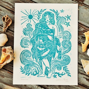 Selkie Lore - Block Print - Linocut Print - Selkie Art - Selkie Illustration - Folklore Art