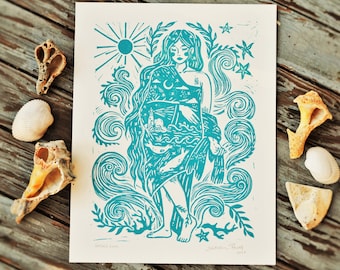 Selkie Lore - Block Print - Linocut Print - Selkie Art - Selkie Illustration - Folklore Art