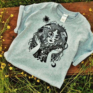 Mountain Dreamer Girl Linocut Block-Printed T-Shirt - Heather Gray Unisex Sizes: Small, Medium, Large, X-Large *Made To Order*