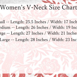 May include: A size chart for women's V-neck tops, showing measurements in inches for small, medium, large, and extra-large sizes.