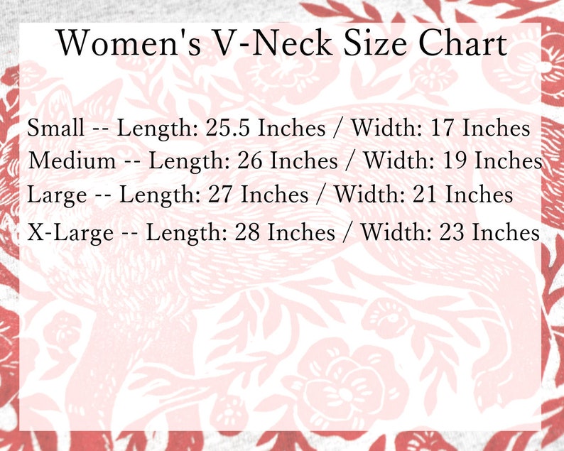 May include: A size chart for women's V-neck tops, showing measurements in inches for small, medium, large, and extra-large sizes.