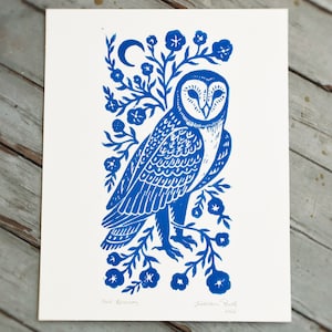 Owl Blossom Block Print - Rustic Owl Art - Artist Print
