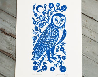 Owl Blossom Block Print - Rustic Owl Art - Artist Print