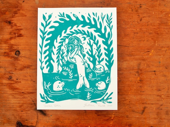 Turquoise "Selkie Skin" Print - Linocut Block Print - Celtic Folklore - Folk Art - Sea Lover Art