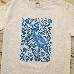 Heron Blossom Block Printed T-Shirt Linocut Shirt Floral Apparel Bohemian & Hippie Tee Southern Folk Art Blue Heron image 2