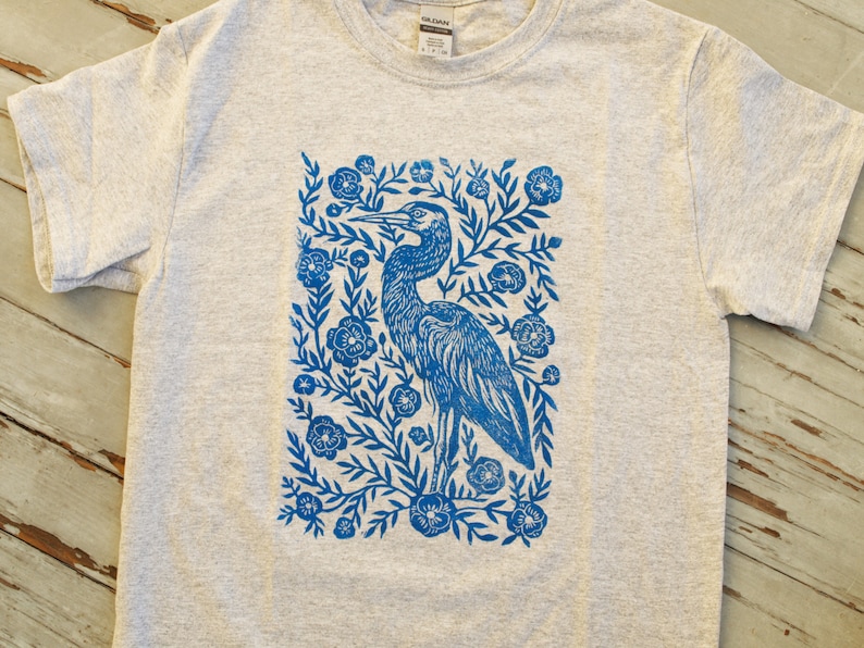 Heron Blossom Block Printed T-Shirt Linocut Shirt Floral Apparel Bohemian & Hippie Tee Southern Folk Art Blue Heron image 2