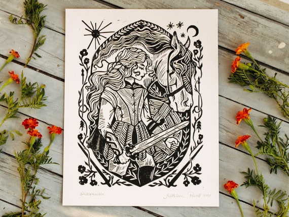 Shield Maiden Linocut Block Print Medieval Art Print Viking Celtic Folklore  Battle Maiden Gothic Renaissance Art 