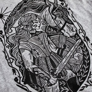 Shieldmaiden Gray Block Printed T-shirt Viking Shirt Celtic Gaelic Nordic Warrior Horse Medieval Renaissance Shirt Lady Knight image 5