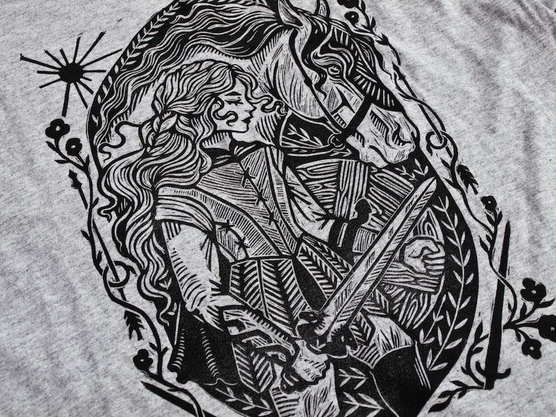 Shieldmaiden Gray Block Printed T-shirt Viking Shirt Celtic Gaelic Nordic Warrior Horse Medieval Renaissance Shirt Lady Knight image 5