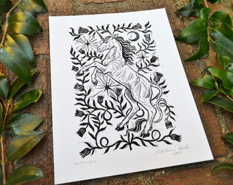 Unicorn Lore Block Print - Artist Print - Medieval Art - Renaissance Illustration