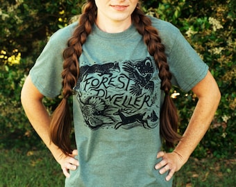 Forest Dweller T-shirt - Block Printed - Rustic Tee - Unisex Sizes - Folk Art - Hiking Apparel