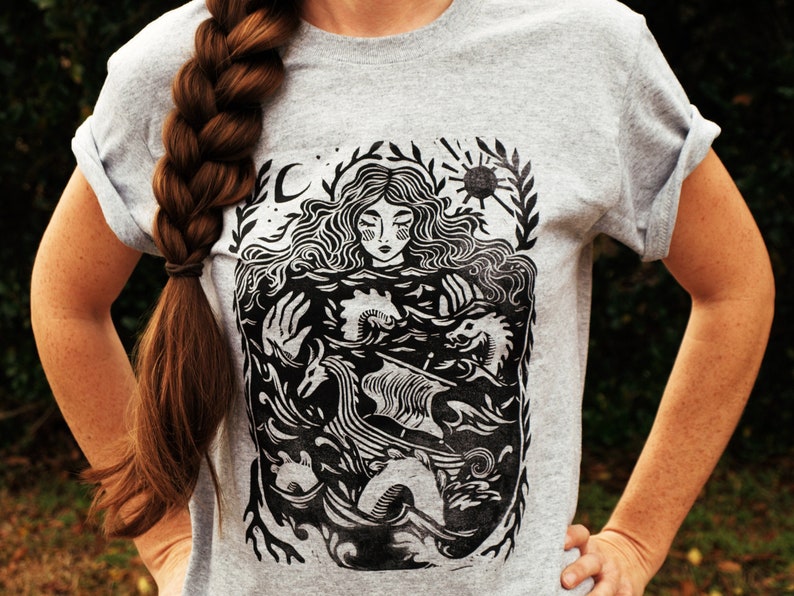 Sea Ballad Block Printed T-shirt Viking Shirt Linoprint Bohemian Top Hippie Apparel Beach Clothing Norse Folklore Folk Art image 1