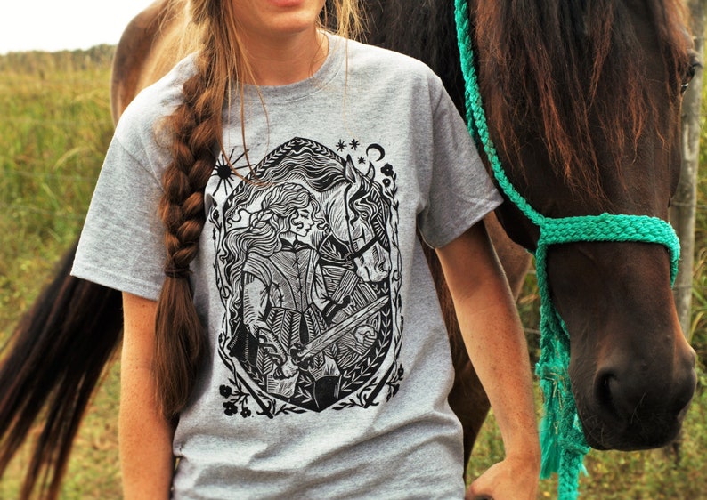 Shieldmaiden Gray Block Printed T-shirt Viking Shirt Celtic Gaelic Nordic Warrior Horse Medieval Renaissance Shirt Lady Knight image 1