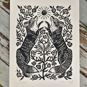 Two Foxes Linocut Block Print - Rustic Art - Folk Art - Woodland - Fox Illustration