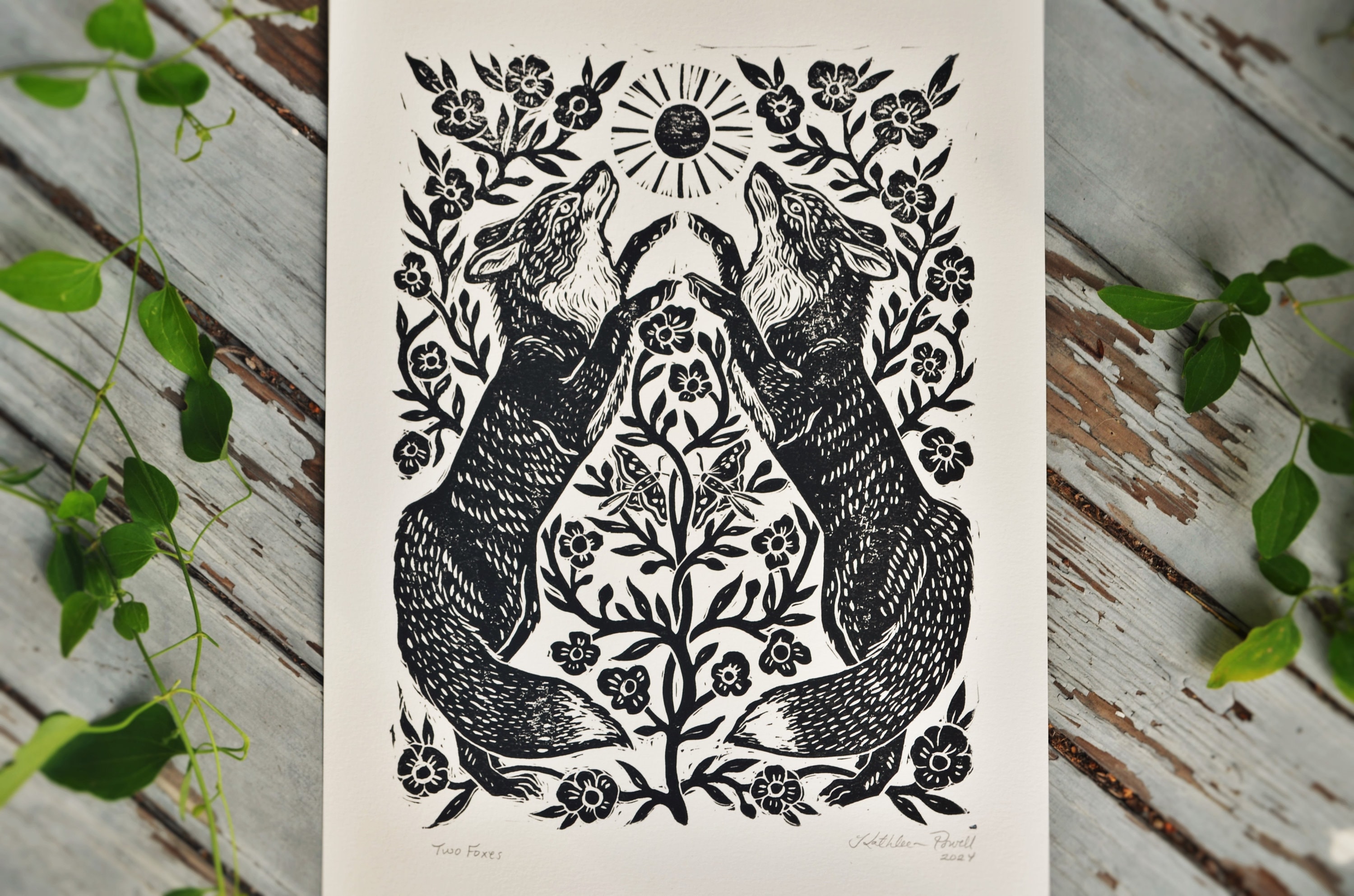 Two Foxes Linocut Block Print - Rustic Art - Folk Art - Woodland