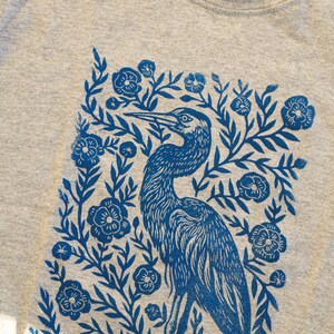 Heron Blossom Block Printed T-Shirt Linocut Shirt Floral Apparel Bohemian & Hippie Tee Southern Folk Art Blue Heron image 5