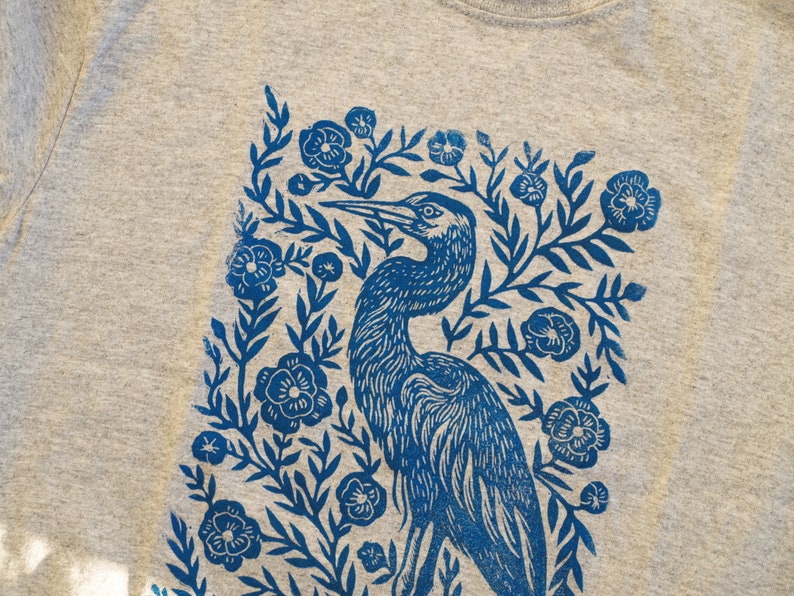 Heron Blossom Block Printed T-Shirt Linocut Shirt Floral Apparel Bohemian & Hippie Tee Southern Folk Art Blue Heron image 5