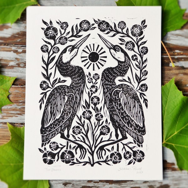 Two Herons Linocut Block Print - Rustic Folk Art - Great Blue Heron Artist Print - Lowcountry Art - Birder Gift - Southern Wall Art