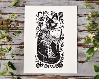 Kitty Blossom - Block Print - Artist Print - Seal-point Cat - Siamese Cat - Rustic Folk Art