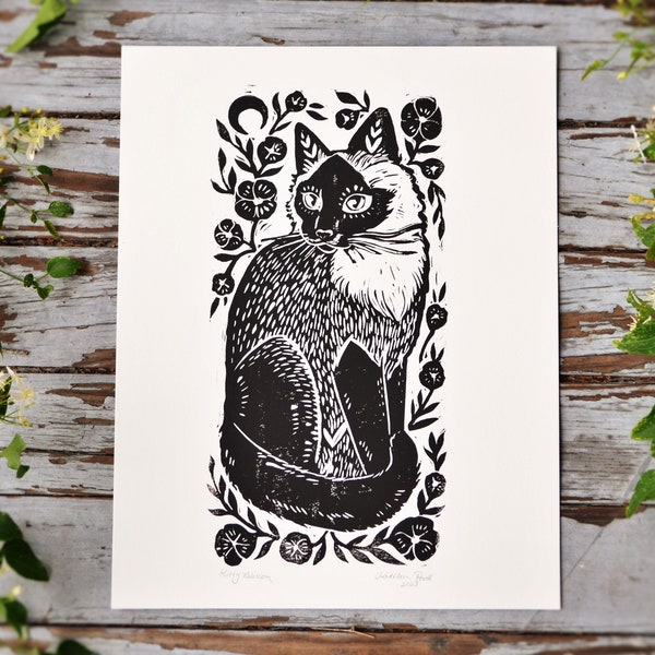 Kitty Blossom - Impresión en bloque - Impresión artística - Gato con punta de foca - Gato siamés - Arte popular rústico