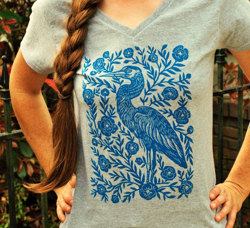 Women's V-neck Heron Blossom T-shirt Block Printed Bohemian Southern Apparel South Carolina Folk Art Gray Heather Shirt image 1