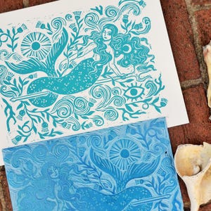 Mermaid Lore Block Print, Art Print, Mermaid Illustration, Rustic Beach Decor, Mermaid Lover Gift, Boho, Siren Folklore, Maritime Wall Art