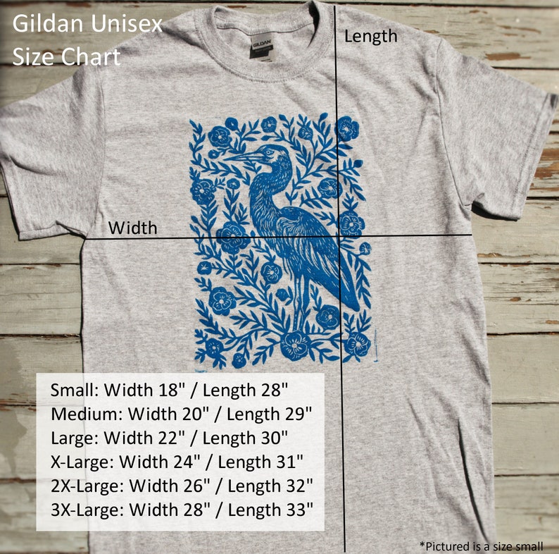 Two Herons Block Printed Shirt Gray Gildan Unisex Shirt Boho Hippie Apparel Folk Art Shirt Heron Flower Shirt image 5