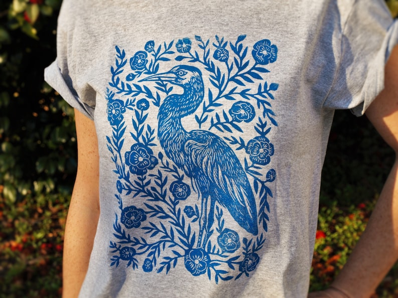 Heron Blossom Block Printed T-Shirt Linocut Shirt Floral Apparel Bohemian & Hippie Tee Southern Folk Art Blue Heron image 1